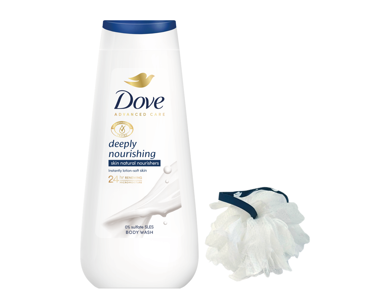 Dove Gel de Dus ADV Deeply Nourishing 225ml + Puf baie Gratis