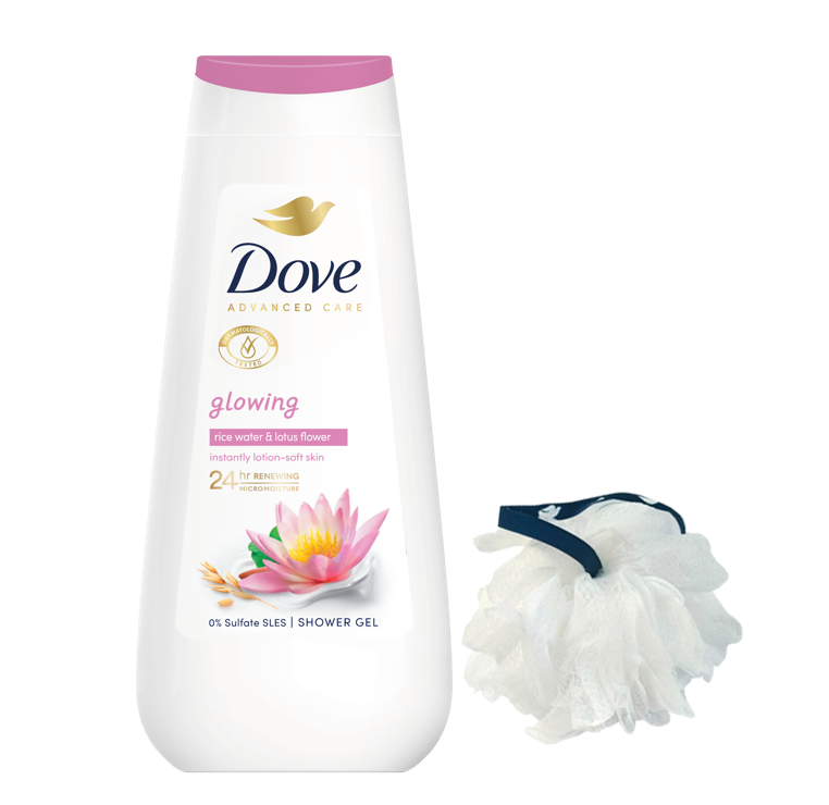 Dove Gel de Dus ADV Glowing 225ml + Puf baie Gratis