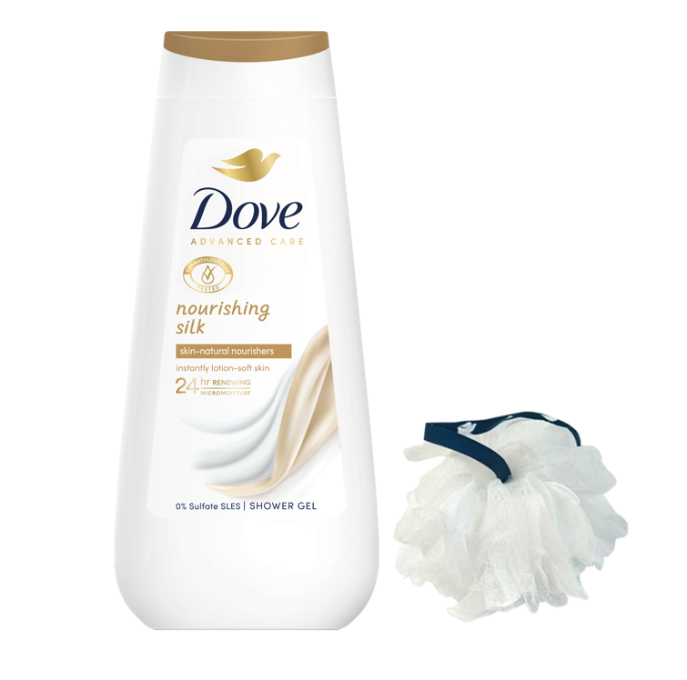 Dove Gel de Dus ADV Nourishing Silk 225ml + Puf baie Gratis