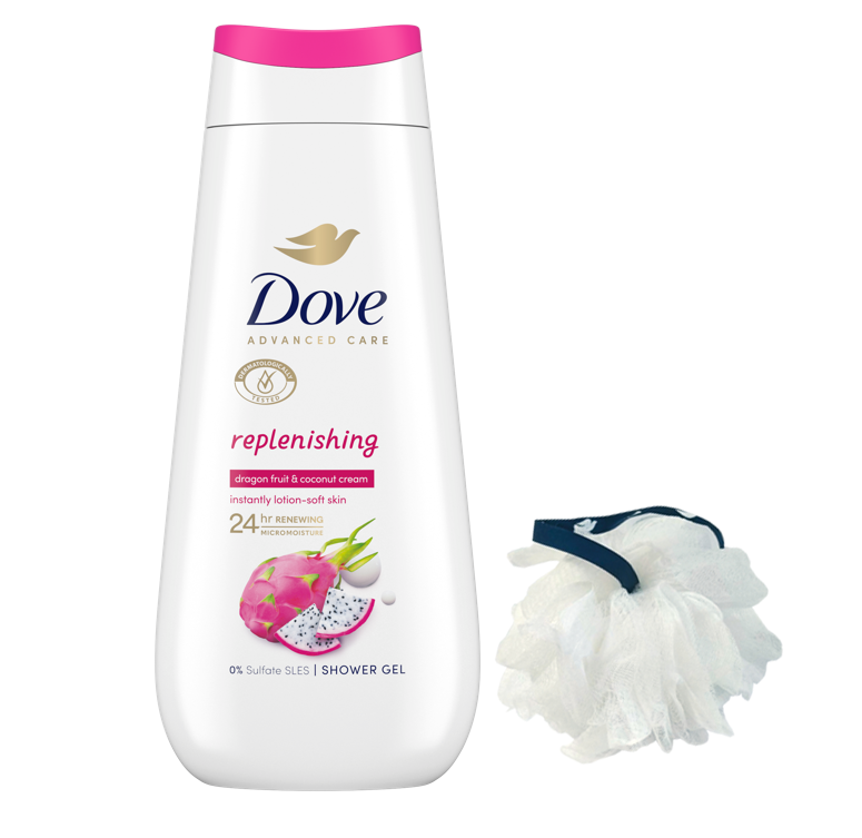 Dove Gel de Dus ADV Replenishing 225ml + Puf baie Gratis
