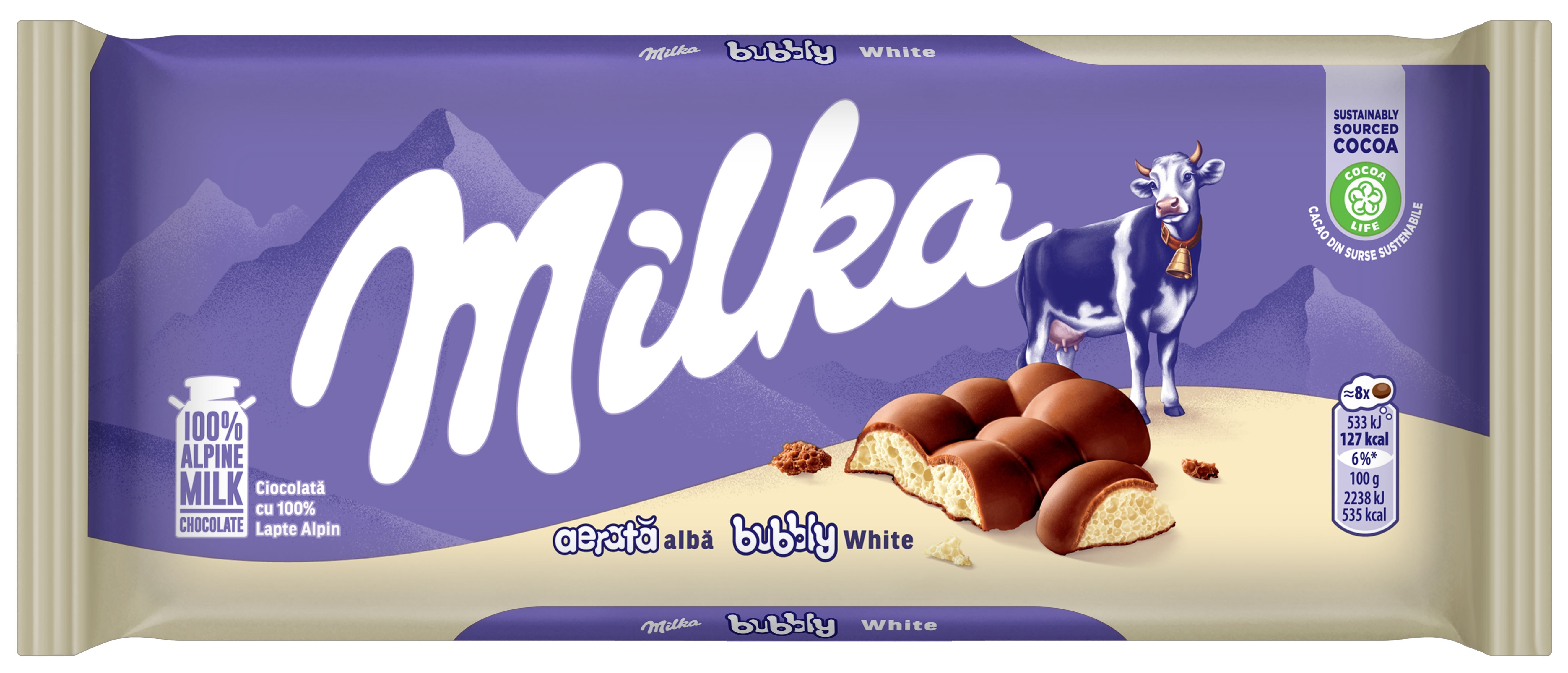 Ciocolată cu lapte alpin cu interior din ciocolată albă aerată Milka Bubbly White  95g