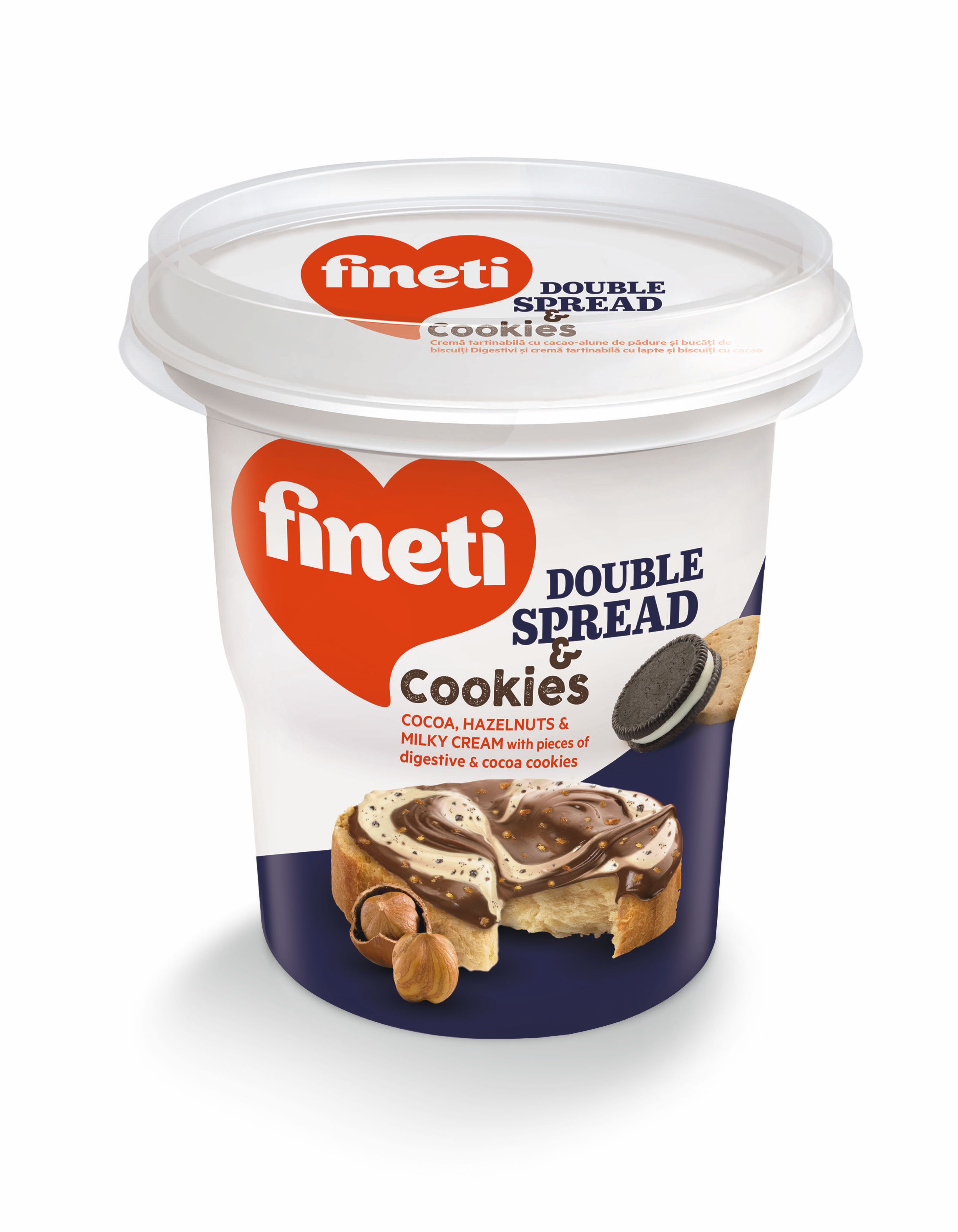 Шоколадно-ореховая паста Fineti Double Spread & Cookies с какао, лесным орехом, молочной начинкой и кусочками печенья, 370 г