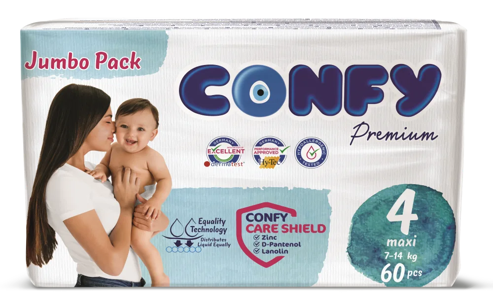 Scutece pentru copii Confy Premium Jumbo Nr.4 MAXI (7-14 kg), 60 buc.