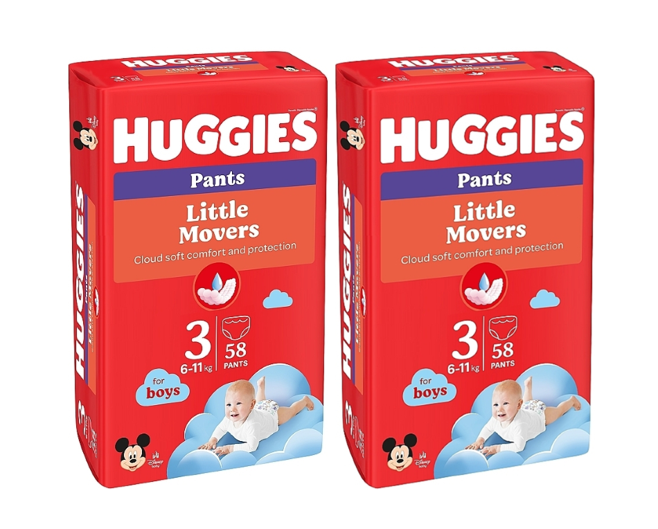 Set Scutece-chiloţel Huggies Little Movers pentru băieţel 3 (7-11 kg), 116buc. (2x58buc)