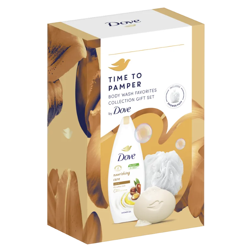Подарок DOVE WOMEN TIME TO PAMPER (Гель для душа 250мл + Мыло 90г) + губка для ванны 2024г.