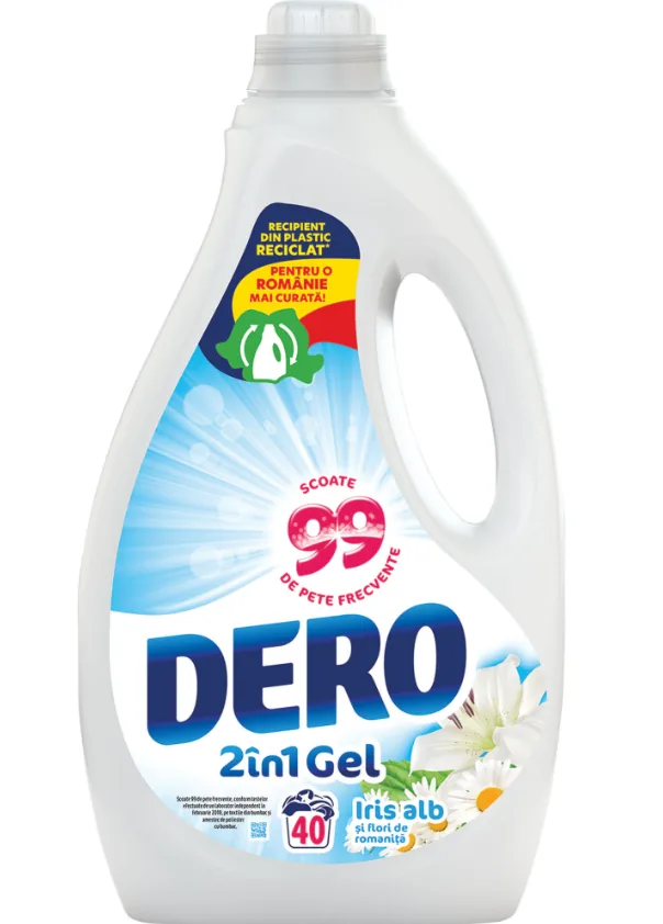 Gel concentrat spălare automată Dero 2în1 Gel Iris Alb şi Flori de Romaniţă 2.0 L (40 spălări)