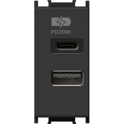 Розетка USB типа А&С, черный матовый 20W