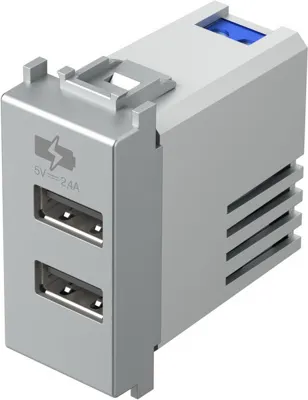 Розетка с USB-портом, 5В, 2,4A, серебро