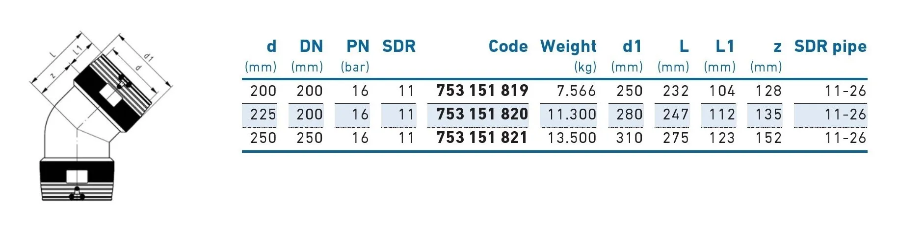 Cot e/f 45° D.225 PE100 SDR11 PN16 39.5W TR