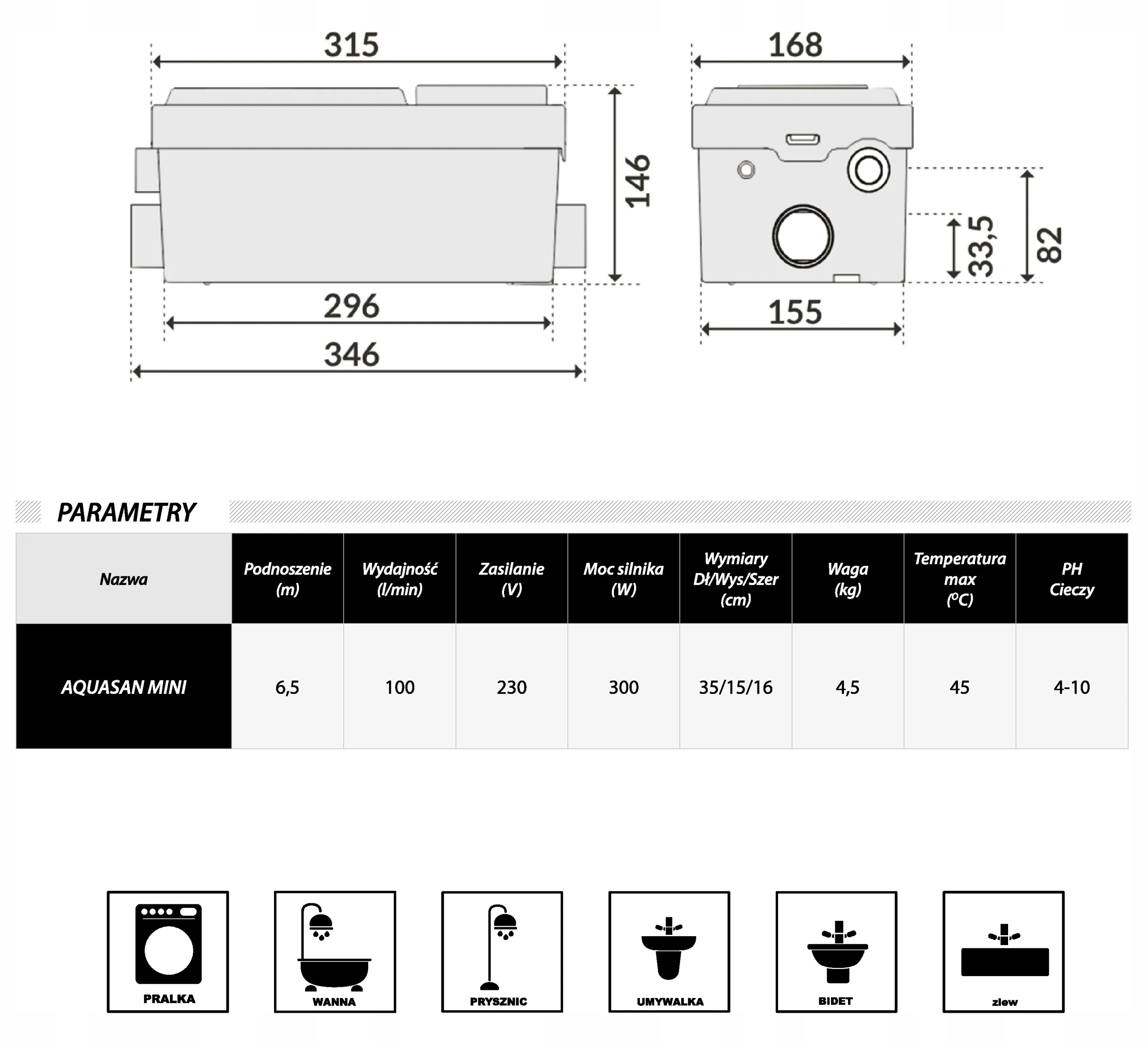 Pompa de canalizare H=6.5 m, 300W, 220V SANIBO MINI