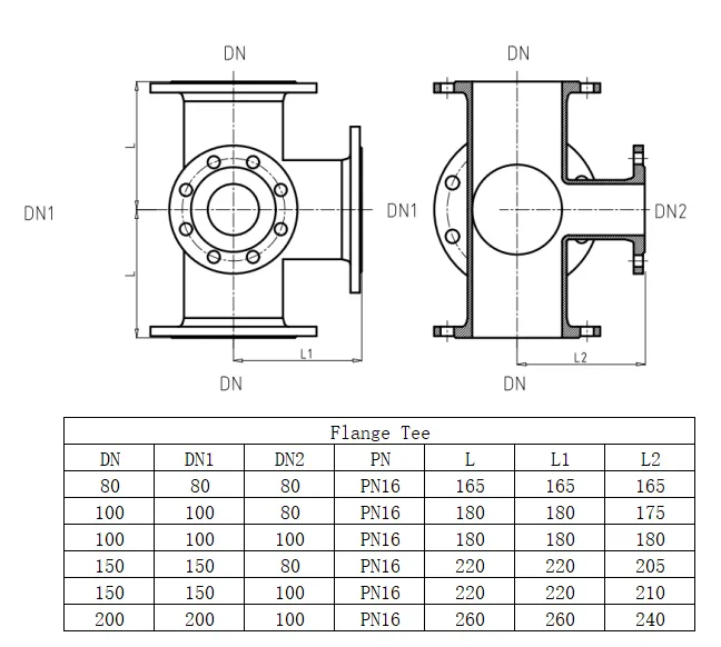 Тройник двухплоскостной фланцевый чугунный под гидрант D.200 x 200 x 200 PN16, L=520 мм (8 отверстий)  UNV