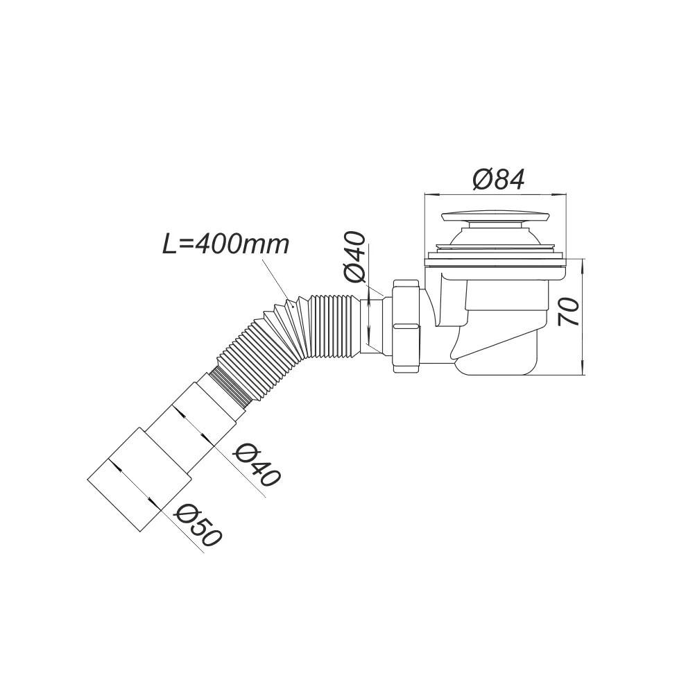 Sifon cadita dus D. 1.1/2" x 50 H=70 mm, grila plastic/crom, cu furtun gofrat 40/50 L=400 mm  SOLOPLAST