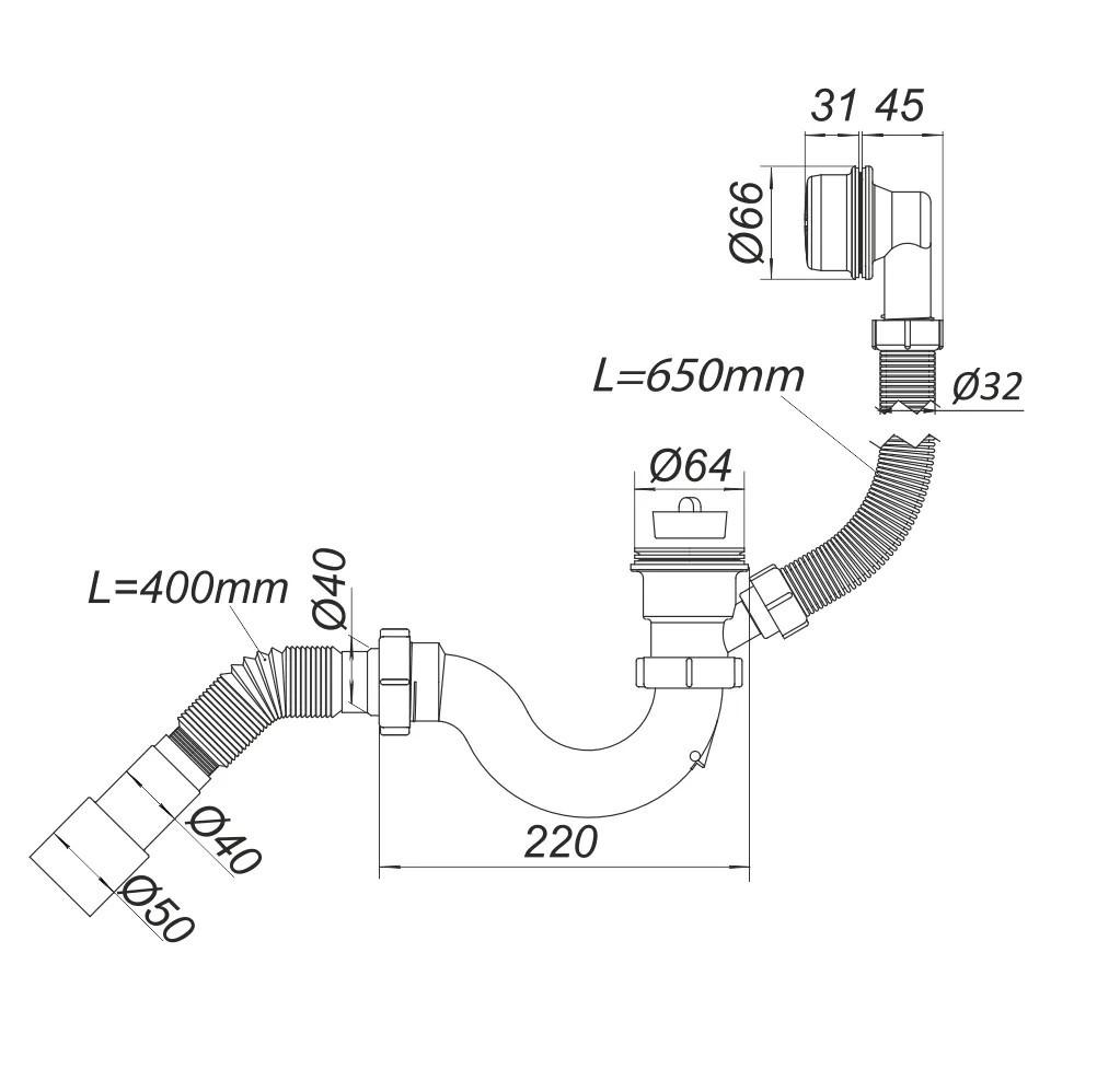 Сифон для ванны D. 1.1/2" x 40 "S"-тип, пластиковая решетка, с переливом и гибкой трубой 40/50  SOLOPLAST