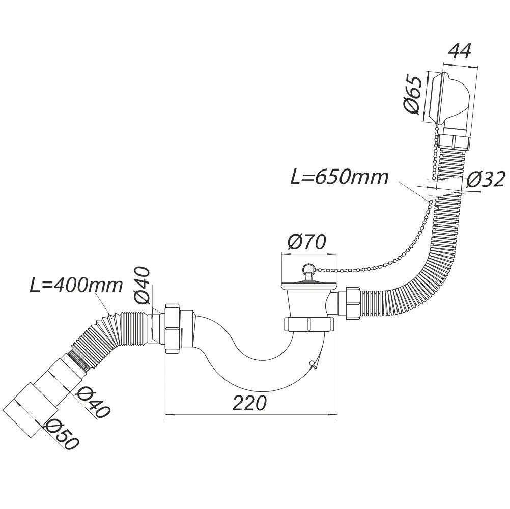 Sifon cada D. 1.1/2" x 40 "S"-tip, grila din metal, cu preaplin si furtun gofrat 40/50  SOLOPLAST