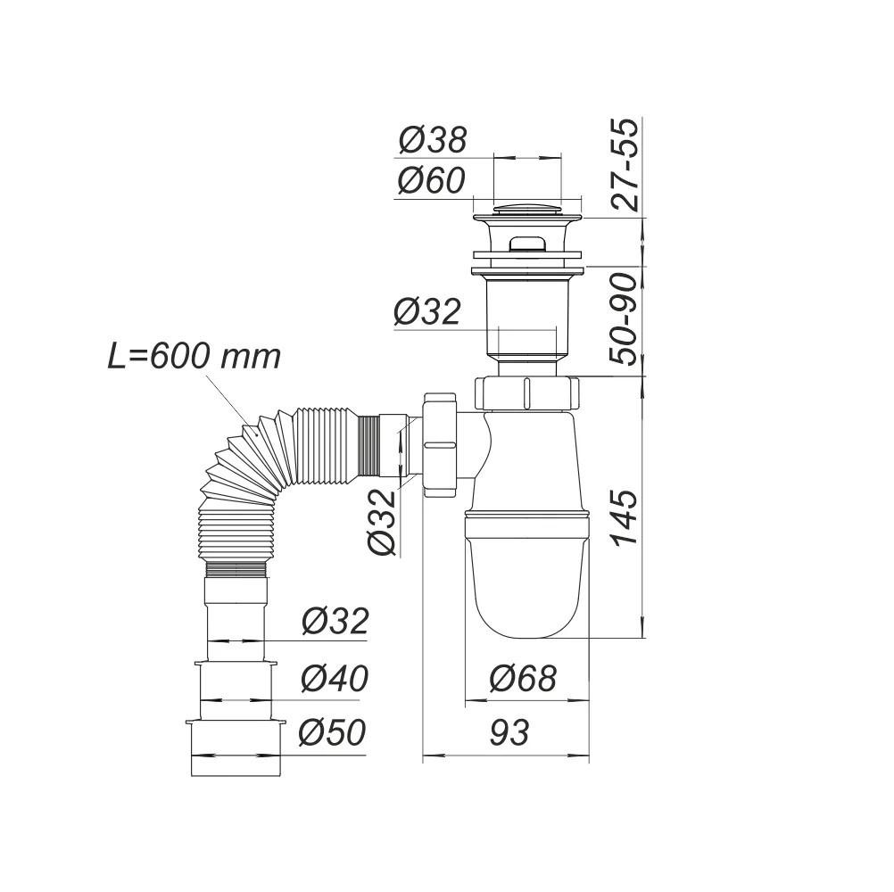 Sifon lavoar tip "butelie" Click-Clack D. 1.1/4" x 32/40/50 cu furtun, L max=600 mm Т0515  SOLOPLAST