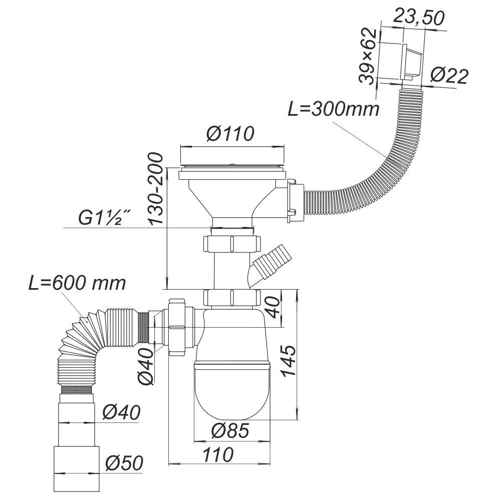 Sifon lavoar tip "butelie" elit D. 1.1/2" x 50 cu furtun, L max=600 mm К1150  SOLOPLAST