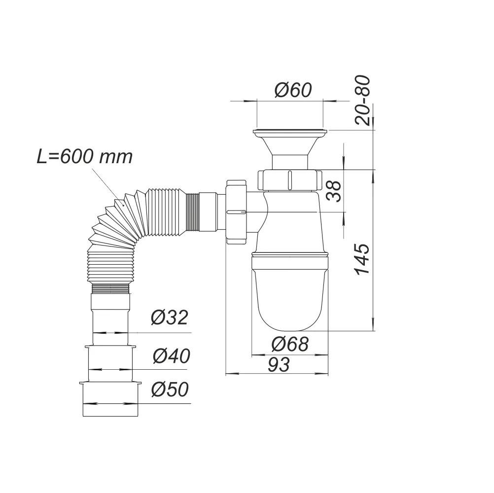 Сифон для умывальника гофрированный D. 1.1/4" x 32/40/50 выпуск из нержавеющей стали 60, L=600 мм SOLOPLAST