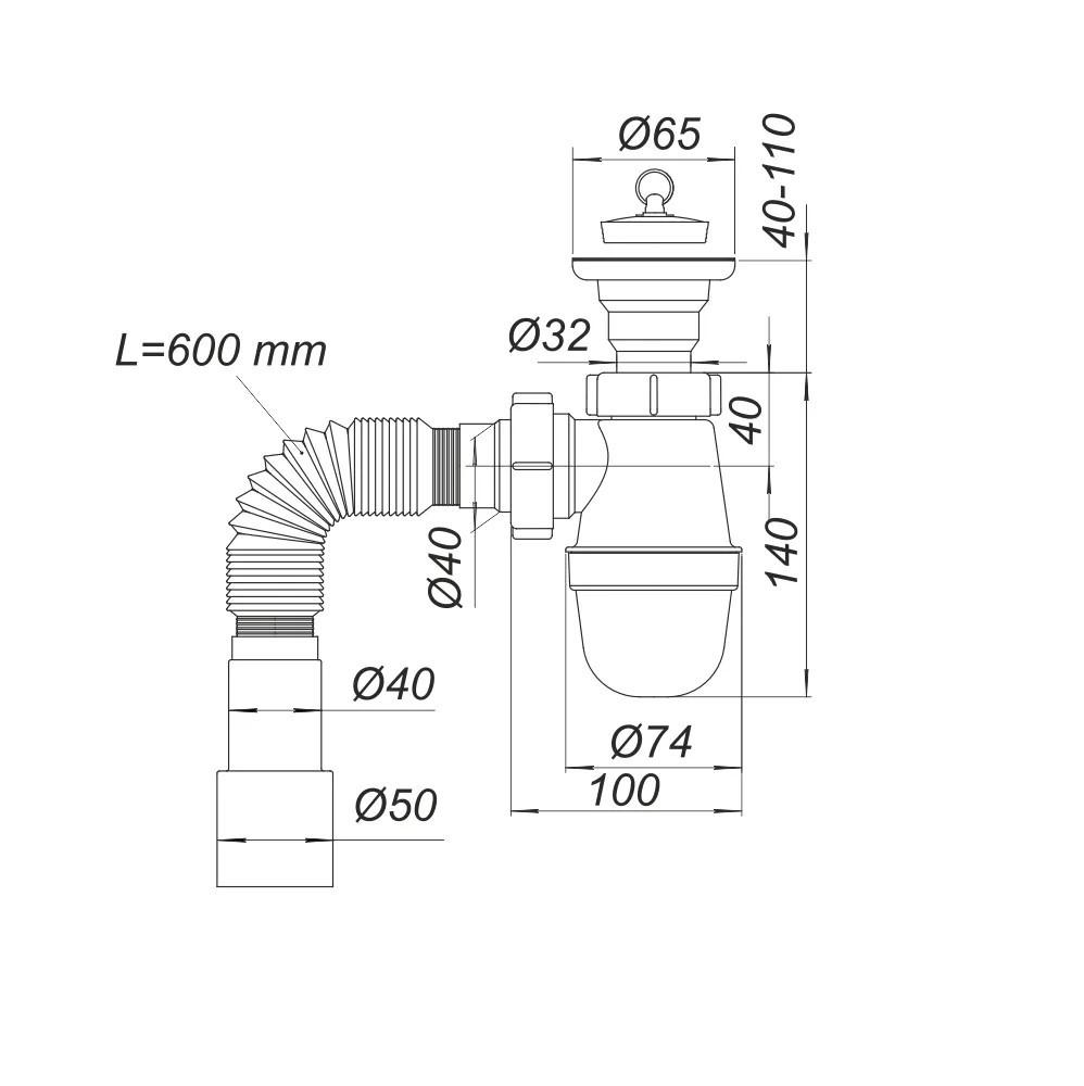 Sifon lavoar tip "butelie" Universal D. 1.1/4" x 50 cu furtun, L max=600 mm У0110  SOLOPLAST
