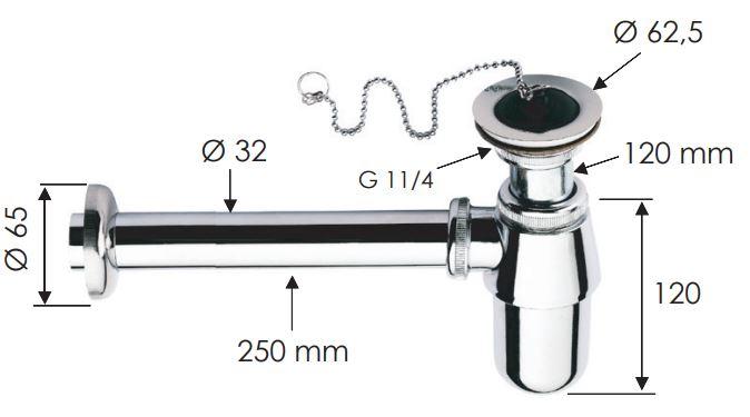 Сифон для умывальника D. 1.1/4" x 32 (хром) прямая труба 32, с выпуском 973Z  REMER