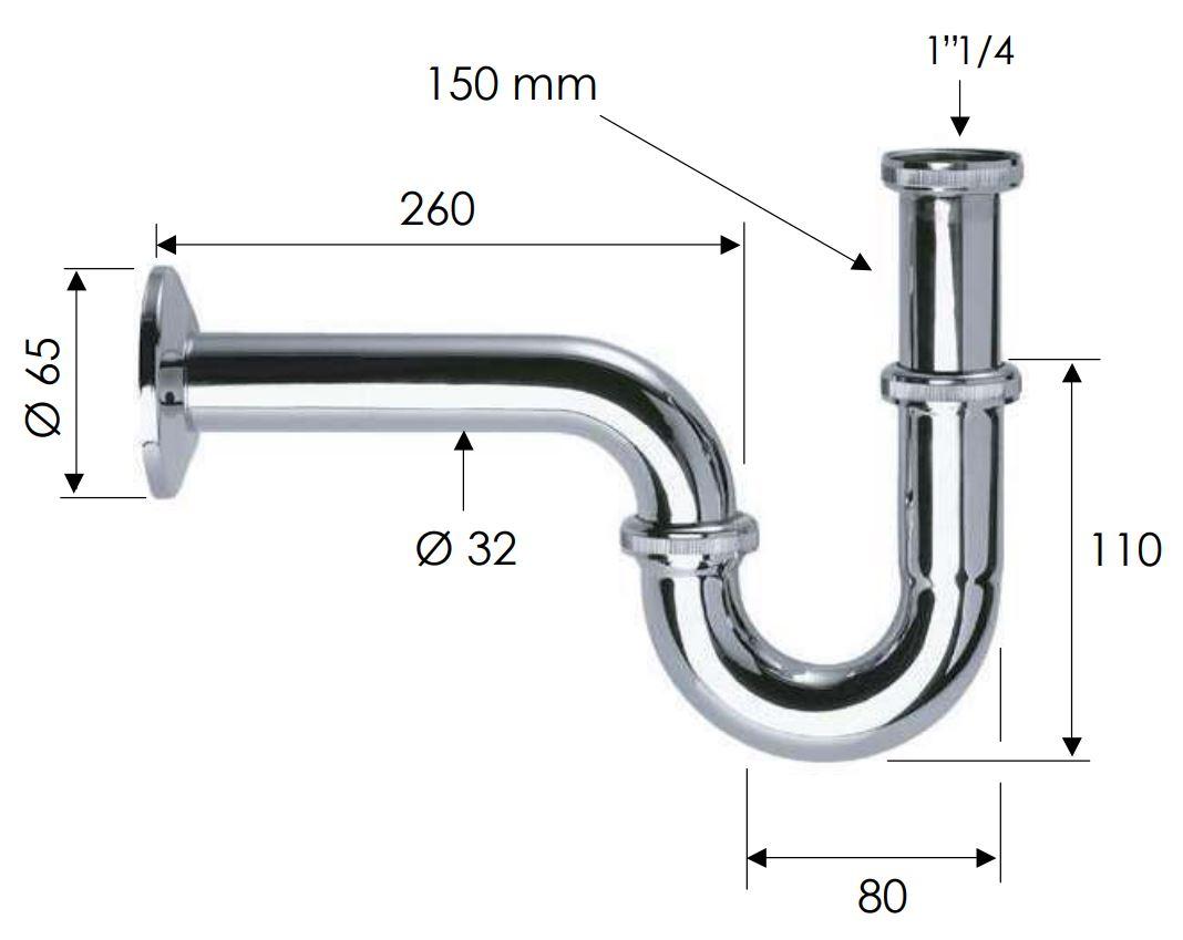 Сифон для умывальника D. 1.1/4" x 32 (хром)  труба 32 "P", без выпуска 977  REMER