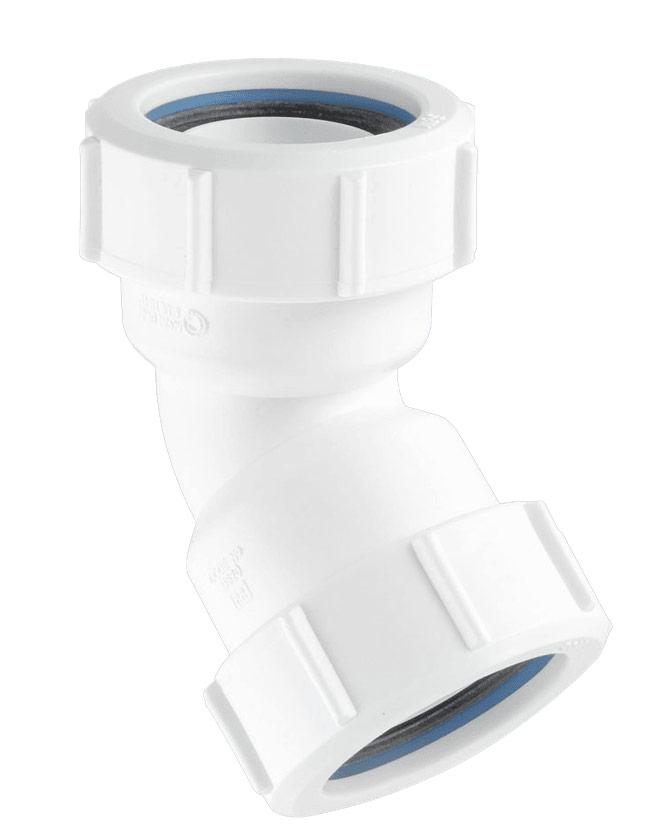Отвод компрессионный канализационный ПП 45° D. 32 x 32 (двухсторонний) Арт. 32B-WH  MCALPINE