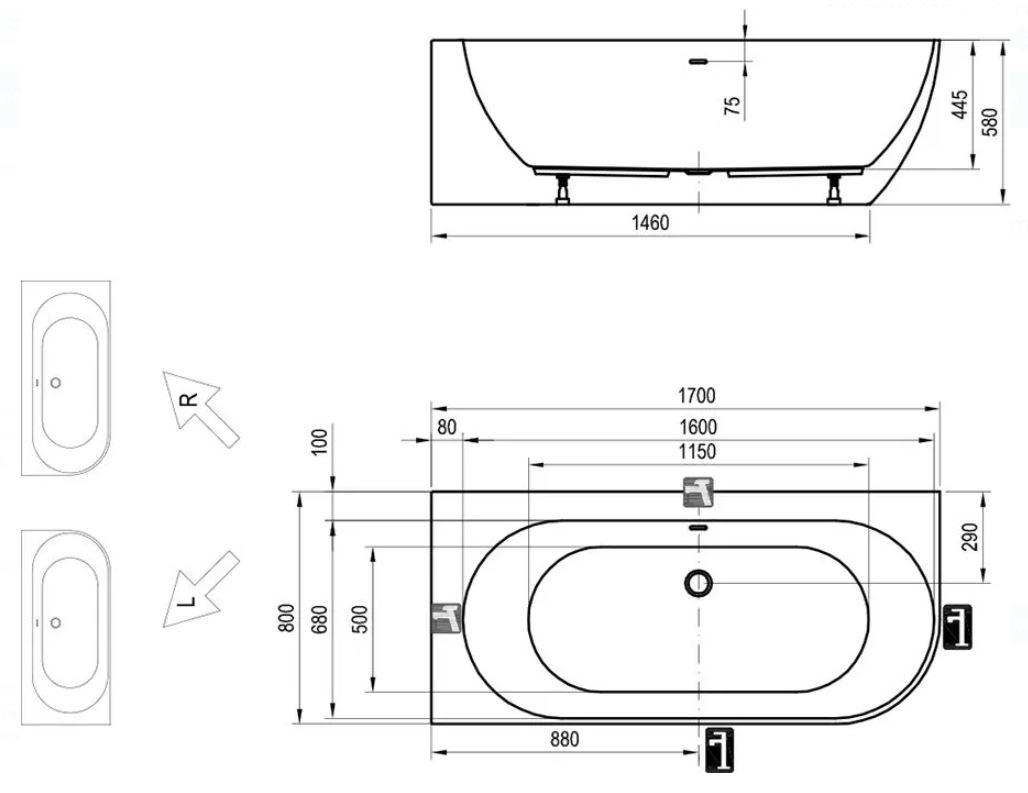 Сada independenta  din acril colt-stinga asimetrica Freedom Corner 1700 x 800 cm 05236 RAVAK