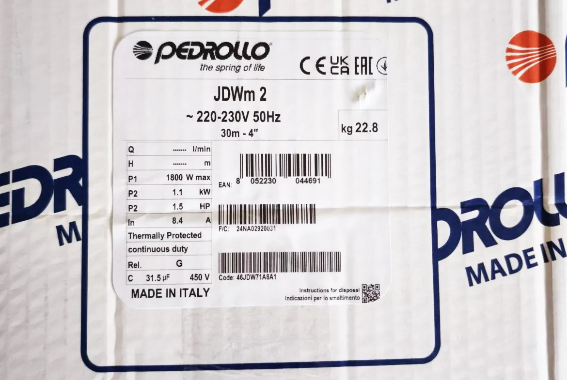 Hidrofor H=75 m; 1,1 kW Hydrofresh 46JDW71A8A1 JDWm 2/30-4 PEDROLLO