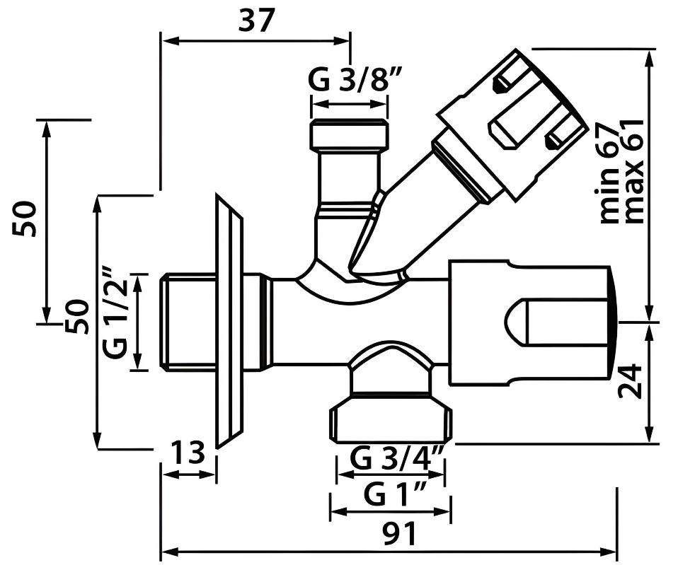 Кран угловой вентильный 1/2"x3/4"x3/8" SSZ-03  STYRON
