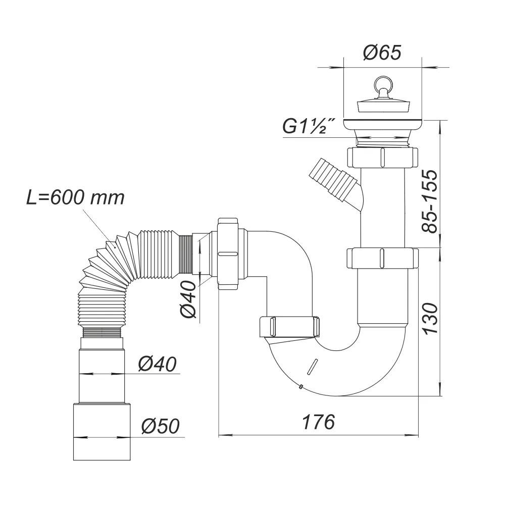 Sifon chiuveta tip "tubular" D. 1.1/2" x 40 cu 1 racord, cu furtun gofrat 40/50, L max.=600 mm si dop Н0110  SOLOPLAST