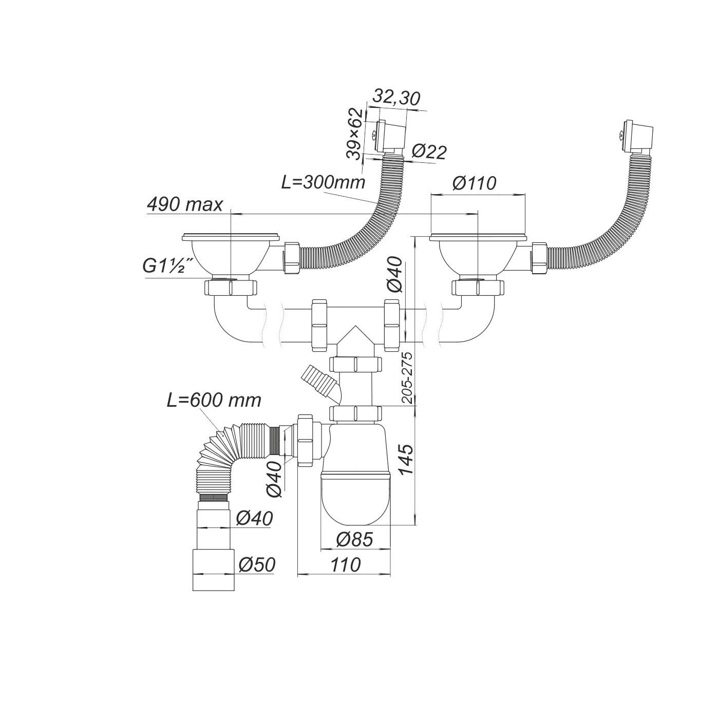Sifon chiuveta tip "butelie" dublu D. 1.1/2" x 40 cu 1 racord, 2 preaplin si furtun gofrat 40/50 К1450  SOLOPLAST
