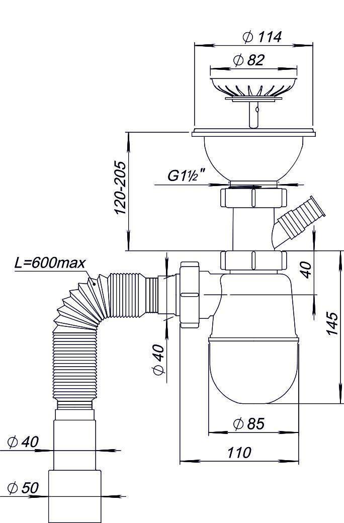 Sifon chiuveta tip "butelie" D. 1.1/2" x 40 cu 1 racord si furtun gofrat 40/50 L max.=600 mm К1140 SOLOPLAST