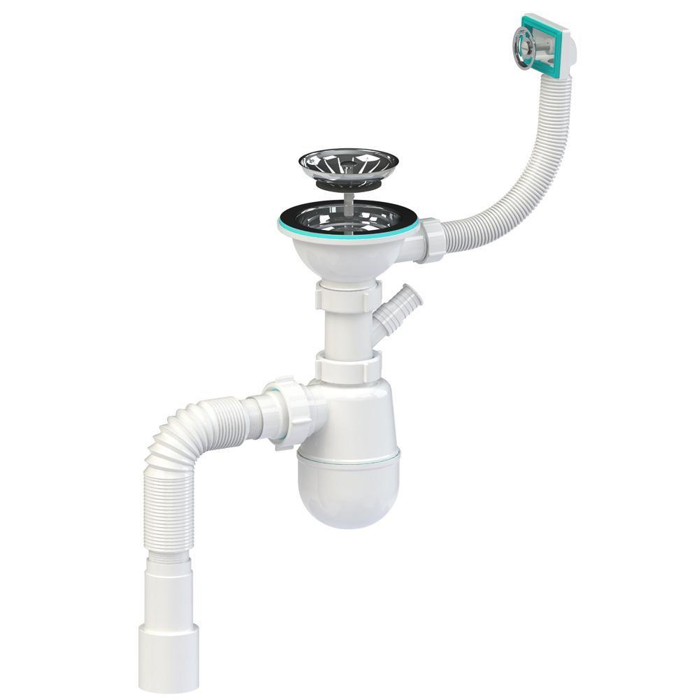 Сифон для мойки бутылочный D. 1.1/2" x 40 с 1 отводом, переливом и гибкой трубой 40/50 L max.=600 мм К1152 SOLOPLAST