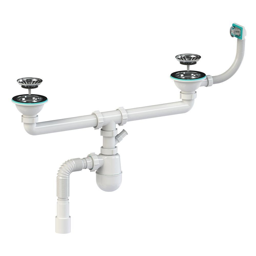 Sifon chiuveta tip "butelie" dublu D. 1.1/2" x 40 cu 1 racord, preaplin si furtun gofrat 40/50 К1451  SOLOPLAST