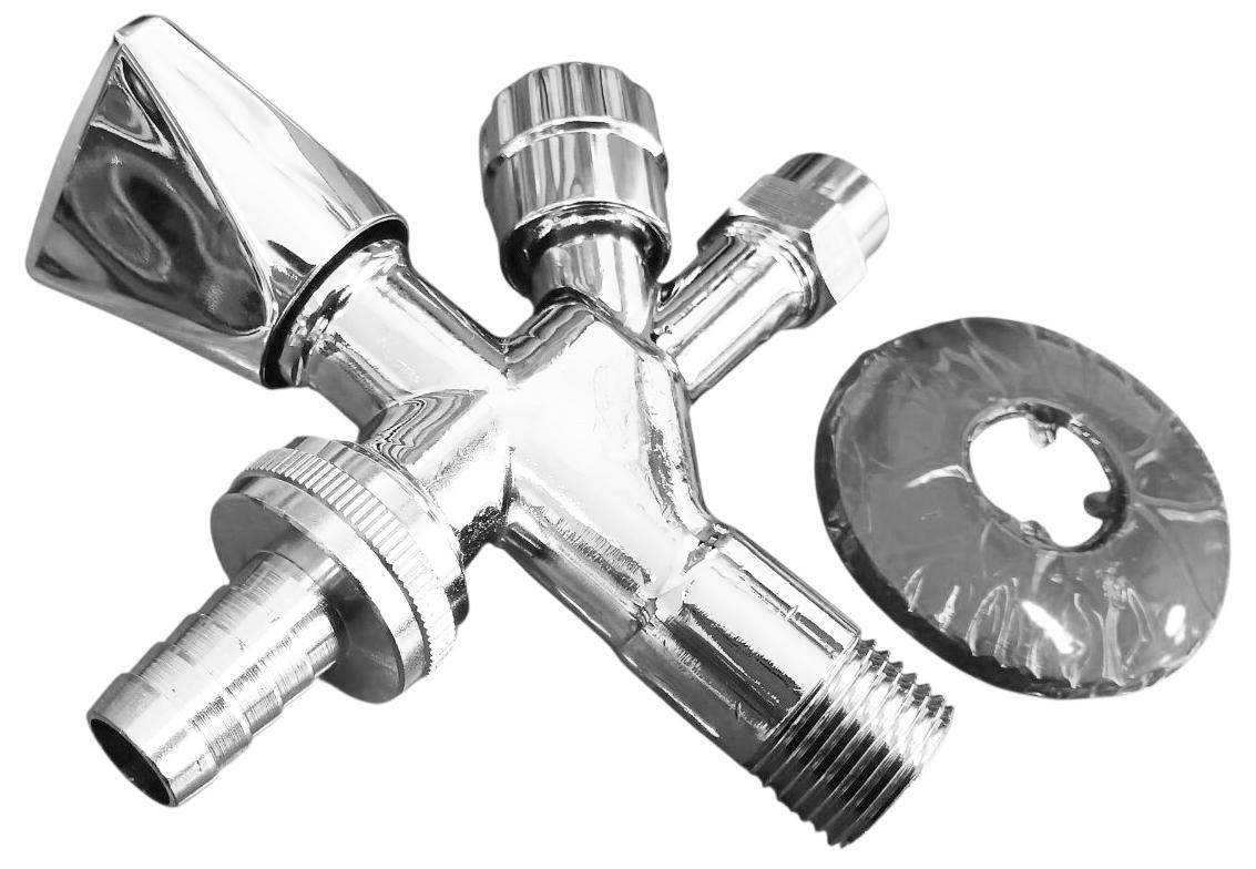 Robinet coltar cu ventil 3/8"x1/2"x3/4" alama cromata, cu reflector si adaptor alama cu portfurtun PL