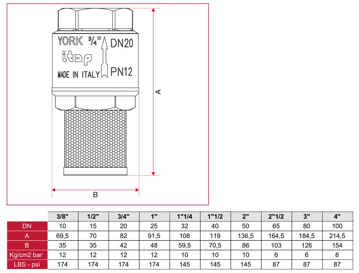 Sorb cu supapa de sens din alama cu sita inox D. 1.1/2" PN10 108  ITAP