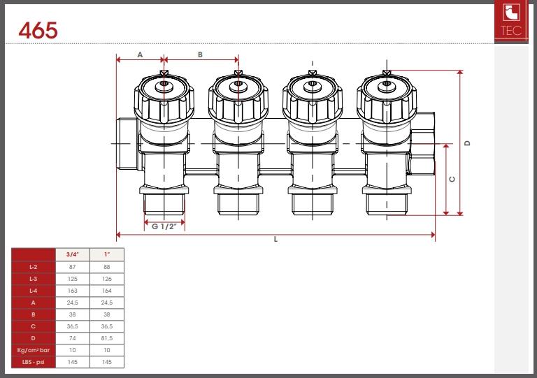 Коллектор D.  3/4" М/П x 1/2" П 4 выхода (с вентилями) PN10 465  ITAP
