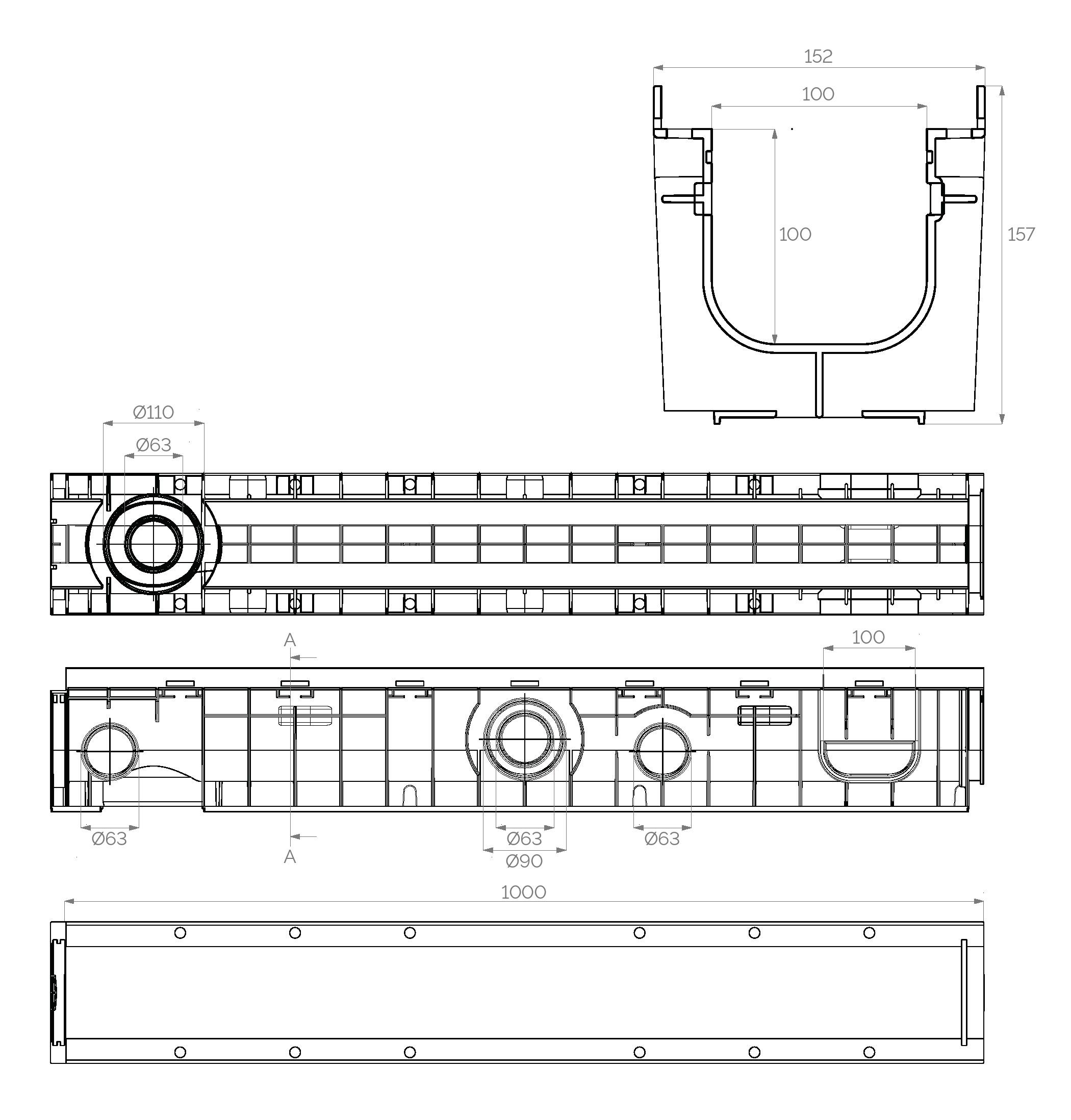 Лоток канализационный без решетки ПП 1000x150x150 мм Art. 5101010  SAB