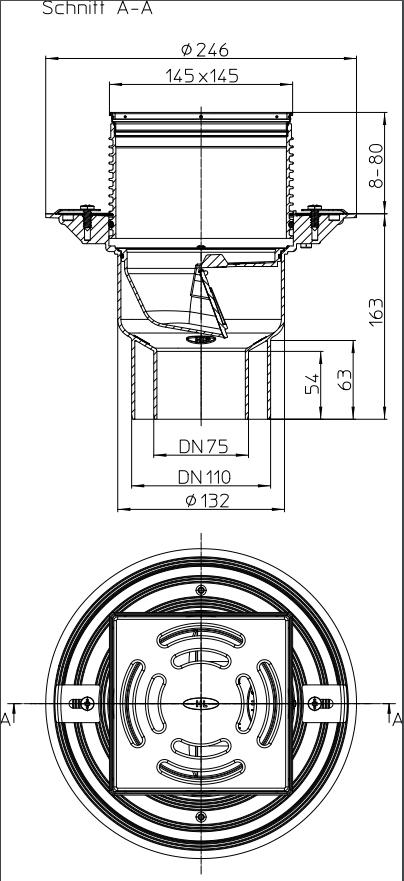 Sifon de pardoseala vertical PP D. 75/110 pentru balcon/terasa, cu grila inox (145 x 145 mm) HL3100T HL