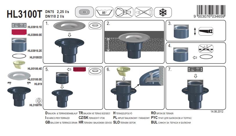 Sifon de pardoseala vertical PP D. 75/110 pentru balcon/terasa, cu grila inox (145 x 145 mm) HL3100T HL