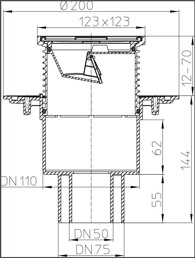 Sifon de pardoseala vertical PP D. 50/75/110 pentru balcon/terasa, cu grila inox (123 x 123 mm) HL310N.2  HL