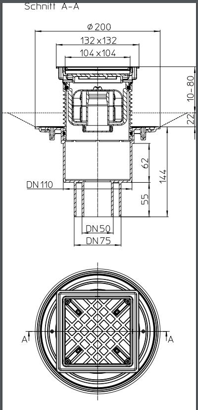 Трап внутренний вертикальный ПП HL310NPr-3020 (сухой) D. 50/75/110 (132 x 132 мм, решетка из нержавеющей стали) для керамической плитки  HL