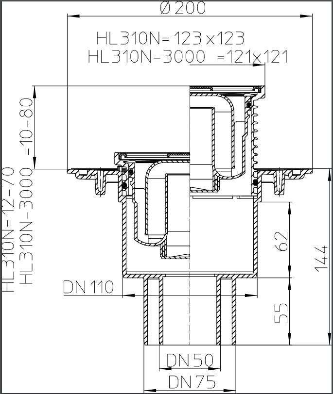 Sifon de pardoseala interior vertical PP D. 50/75/110 cu grila inox (123 x 123 mm) HL310N  HL