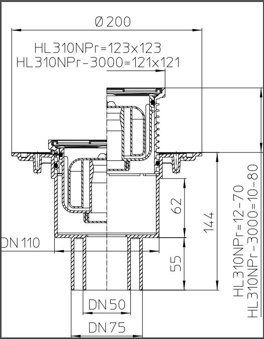 Трап внутренний вертикальный ПП HL310Prblue D. 50/75/110 (сухой) (123 x 123 мм, решетка из нержавеющей стали)   HL