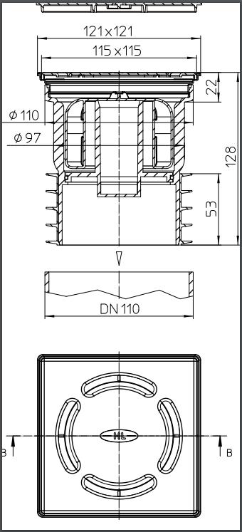 Sifon de pardoseala interior vertical UNIVERSAL PP D.110 cu grila inox (123 x 123 mm) HL73Pr  HL