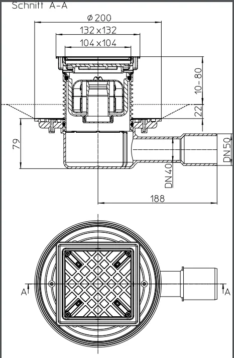 Sifon de pardoseala interior orizontal PP D. 40/50 cu grila inox (132 х 132 mm) HL510NPr-3020  HL