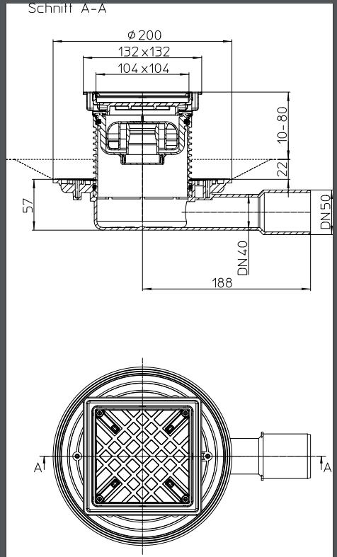 Трап внутренний горизонтальный ПП (сухой) D. 40/50 (132 x 132 мм,  HL90Pr-3020 решетка из нержавеющей стали) плоский для керамической плитки  HL