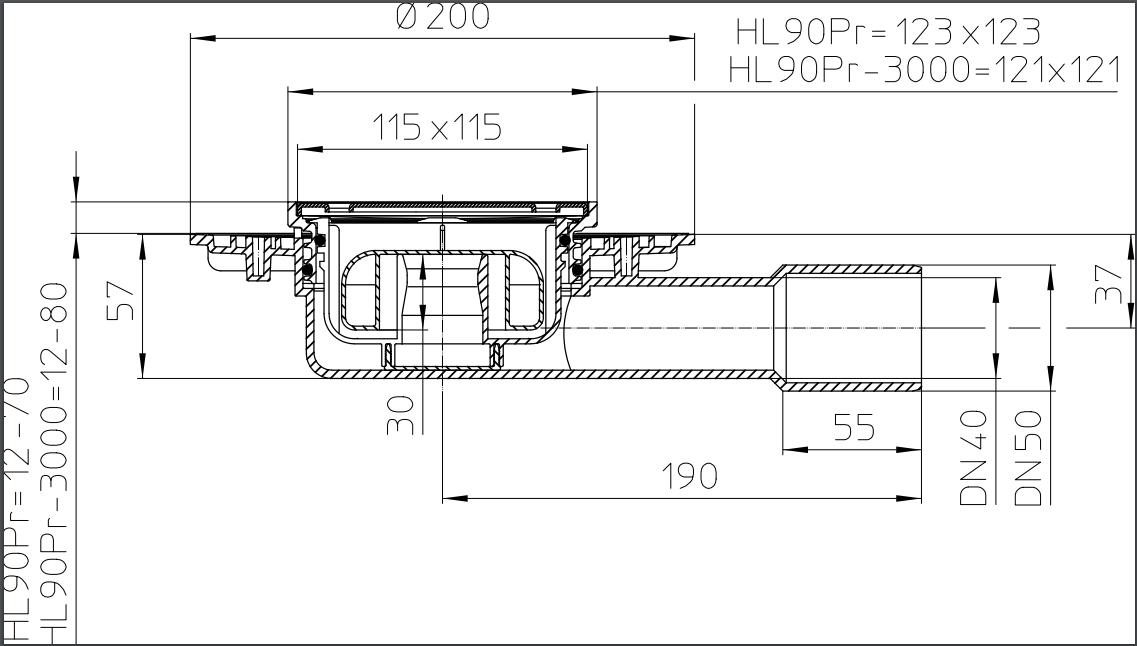 Sifon de pardoseala interior orizontal PP D. 40/50 cu grila inox (123 x 123 mm) H=57 mm HL90Pr  HL