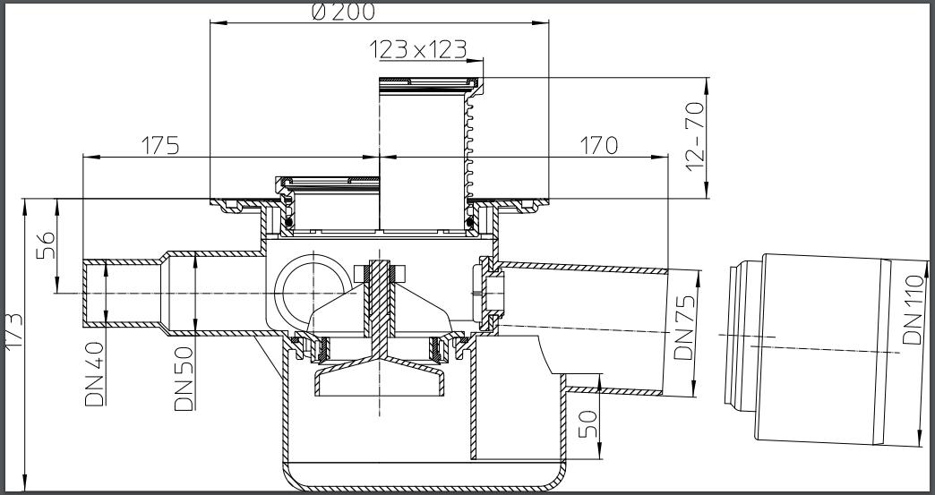 Трап внутренний горизонтальный ПП D.110/75 с 3 боковыми входами D. 40/50 (123 x 123 мм, решетка из нержавеющей стали) HL70  HL