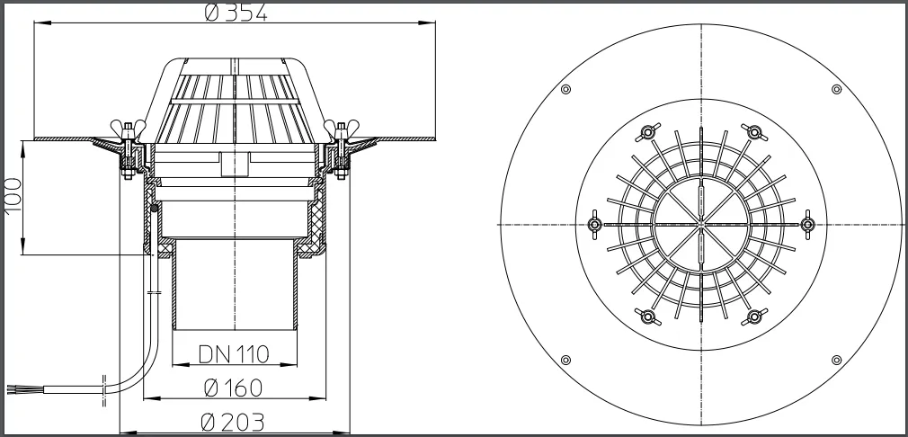 Воронка с листвоуловителем вертикальная с фланцем D.110 с электроподогревом Q=10.7 л/с HL62.1/1  HL