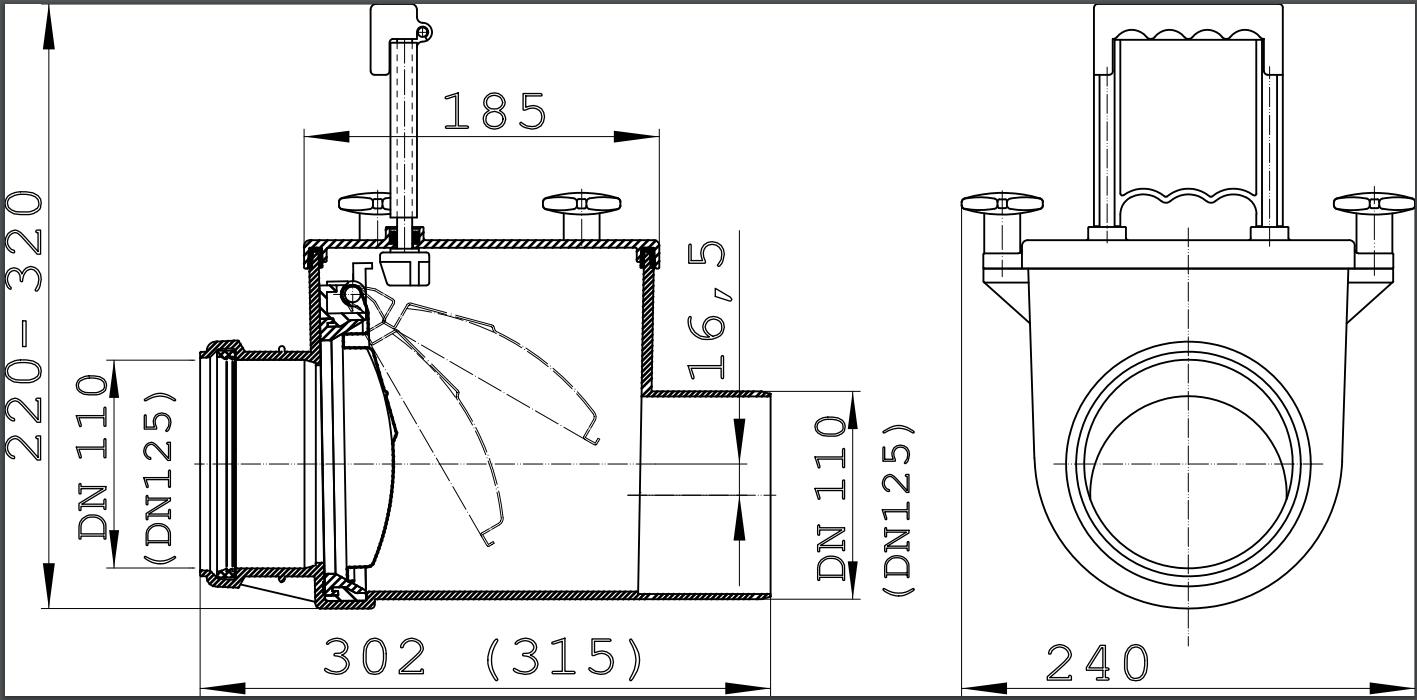 Clapeta de sens unic D.110 PVC orizontala (сlapeta din inox si inchizator manual) HL710.1  HL